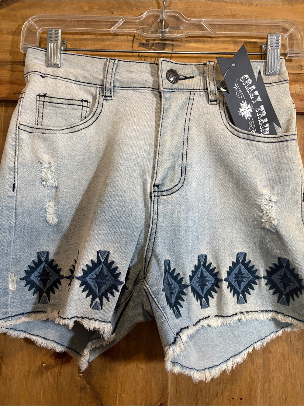 Crazy Train Light Wash Denim Shorts with Navy Aztec Trim